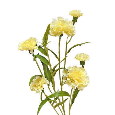 Cette image montre des Œillets artificiels jaune en soie, Cette fleur artificielle est idéale pour l'extérieur.