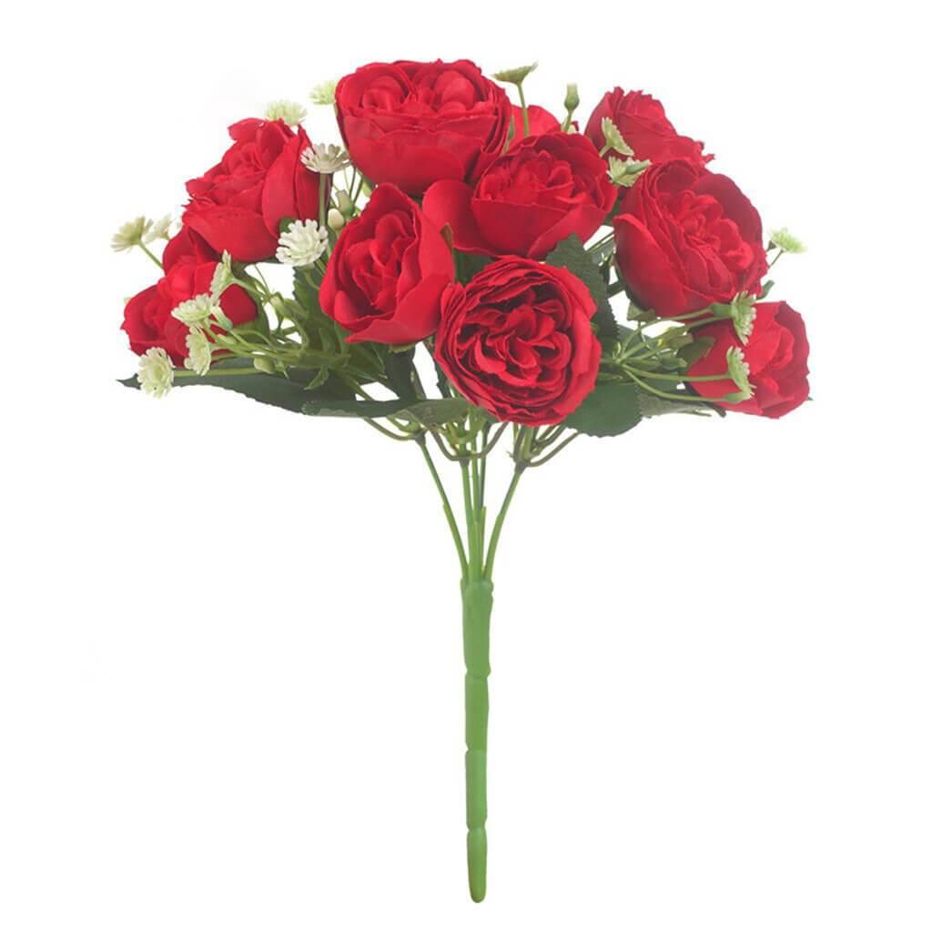 Cette image montre un bouquet de pivoines artificielles de couleur rouge