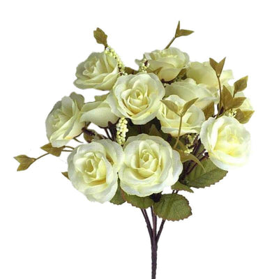 Cette image montre un bouquet de roses artificielles de couleur jaune