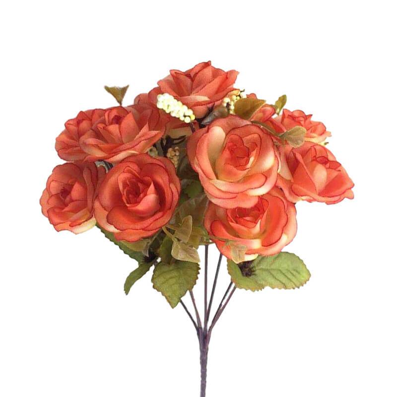 Cette image montre un bouquet de roses artificielles de couleur orange