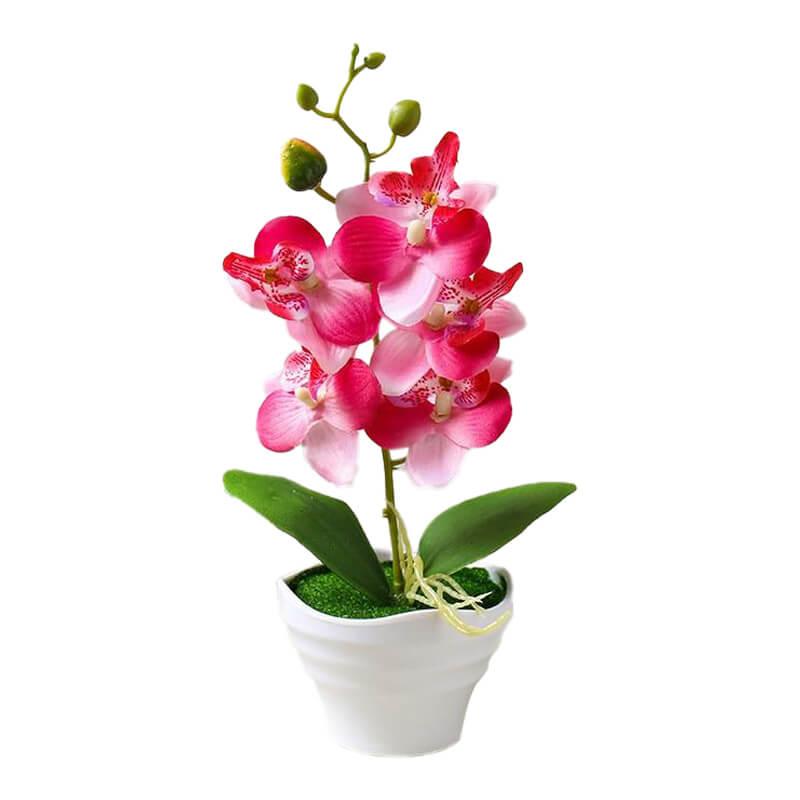 Cette image montre une orchidée artificielle rose dans un pot. Cette fausse orchidée est pas cher.