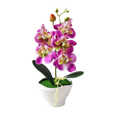 Cette image montre une orchidée artificielle violet dans un pot. Cette fausse orchidée est pas cher.
