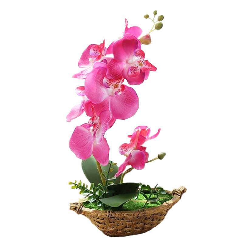 Cette image montre une orchidée artificielle rose dans un pot.