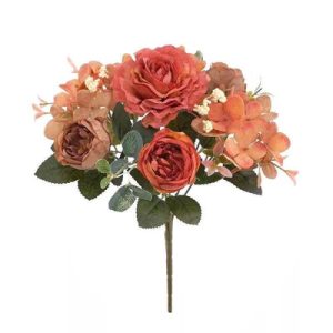 Bouquet champêtre roses artificielles oranges 28 cm