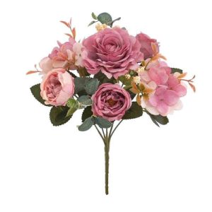 Bouquet champêtre roses artificielles roses 28 cm