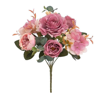 Bouquet champêtre roses artificielles roses 28 cm