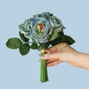 Bouquet de 9 roses artificielles bleues-vertes
