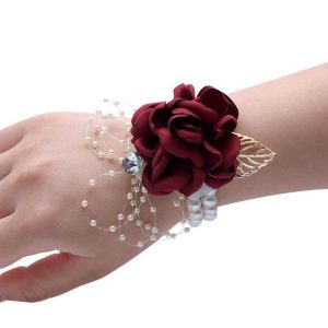 Bracelet champêtre pour mariage avec fleur bordeaux
