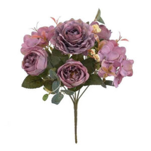 Bouquet champêtre roses artificielles violettes 28 cm
