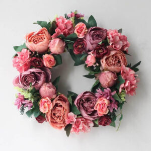 Couronne de pivoines artificielles roses et violettes