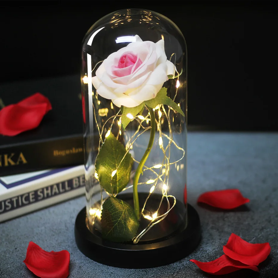 Rose eternelle rose pale sous cloche