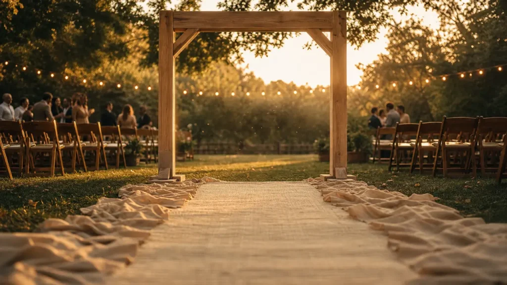 Arche en bois pour mariage en jardin, supports bien ancrés