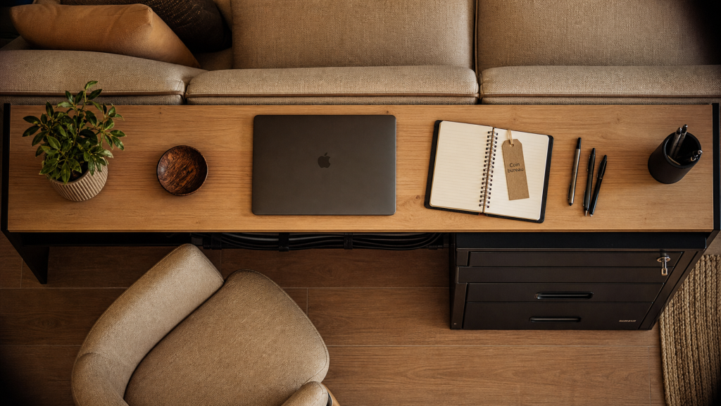 Coin bureau salon discret derrière canapé, bureau rangement et câbles regroupés