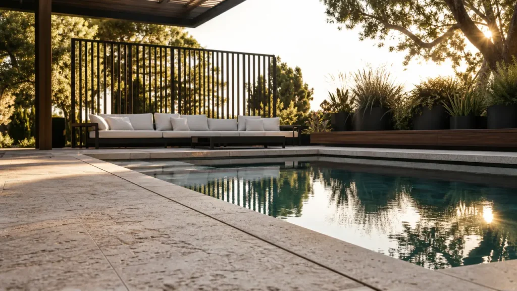 Déco piscine extérieure design : travertin, piscine et mobilier noir, lumière warm