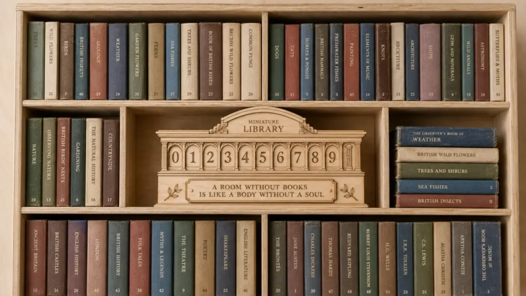 Décoration bibliothèque en bois gravé pour coin lecture, livres et étagère en bois clair