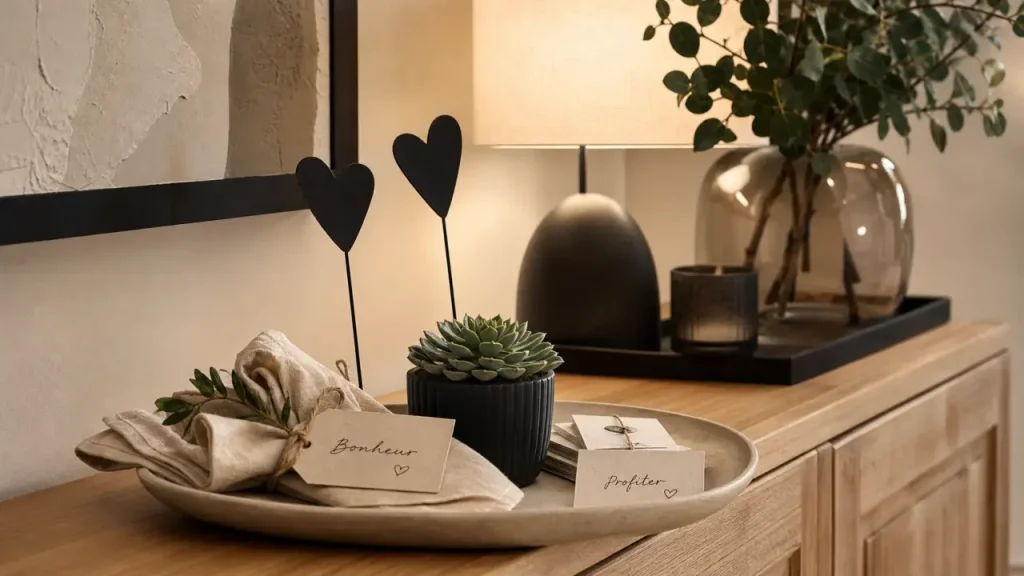 Decoration pour buffet : piques, plantes et lampes sur buffet
