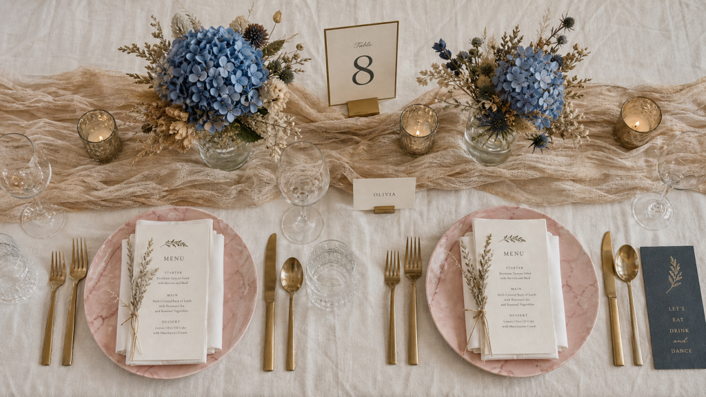 Decoration table mariage : chemin beige, mini-vases, photophores et papeterie assortie