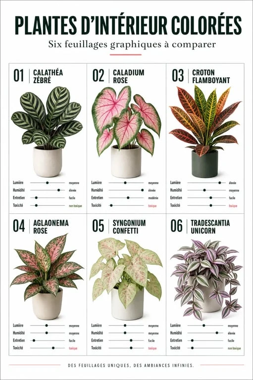 Plante d’intérieur colorée : comparaison de variétés roses, zébrées et flamboyantes en pots