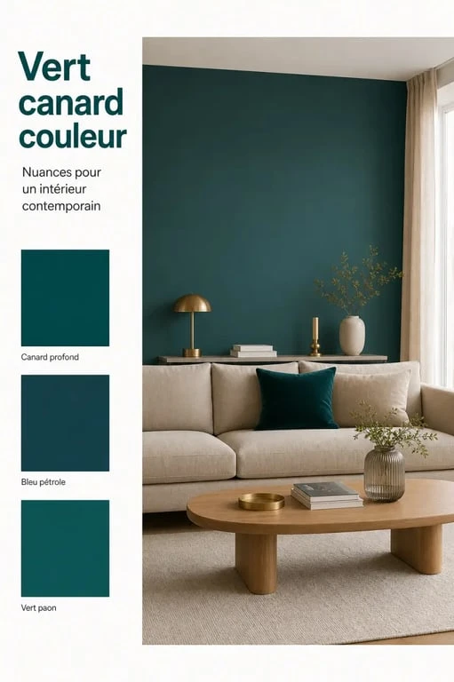 Vert canard couleur dans un salon déco contemporain avec mur peint, canapé beige et matières naturelles