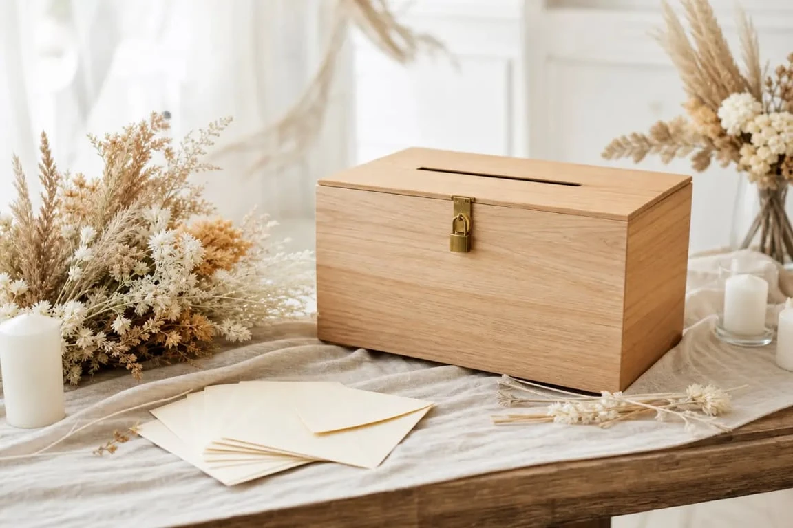 Urne en bois pour mariage posée sur une table décorée avec enveloppes et fleurs séchées
