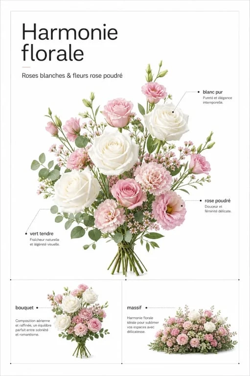 Fleur rose et blanche en bouquet élégant avec roses blanches et fleurs roses