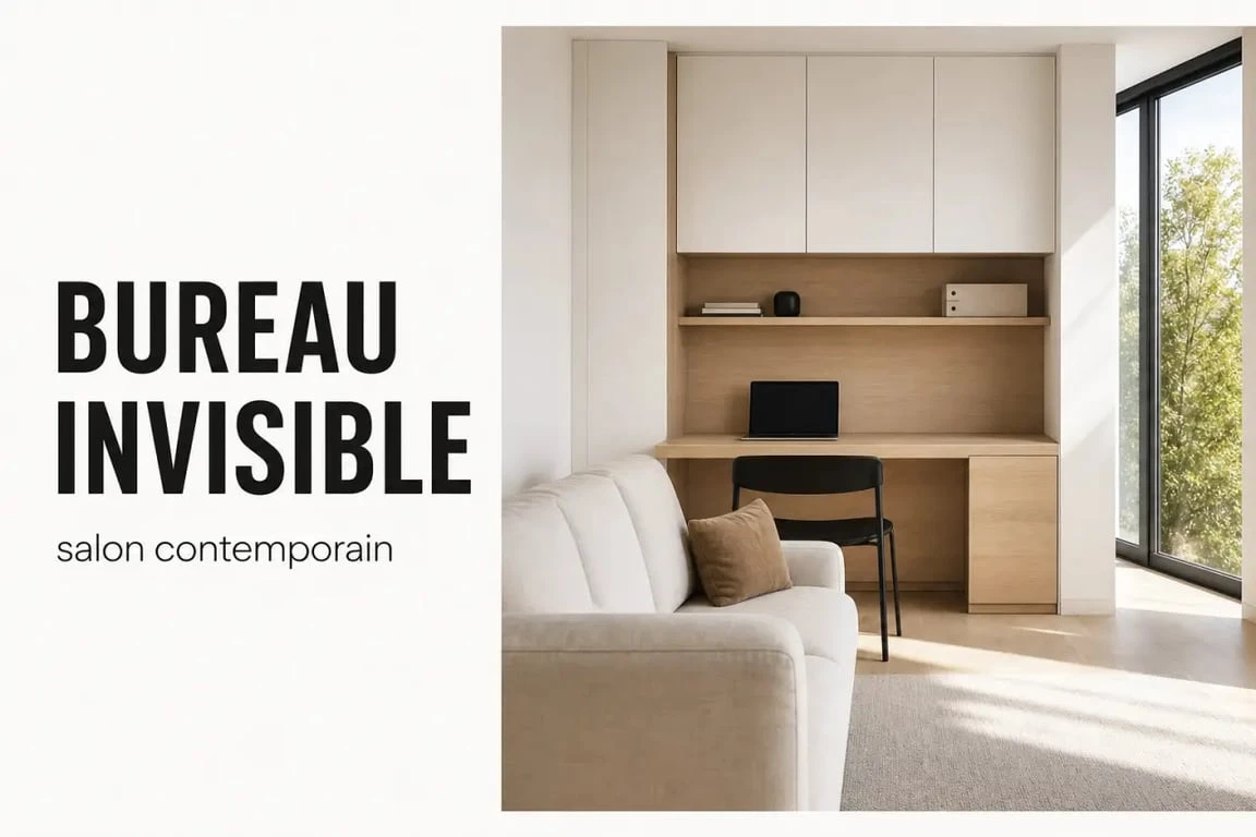 Coin bureau salon intégré derrière un canapé dans un salon contemporain