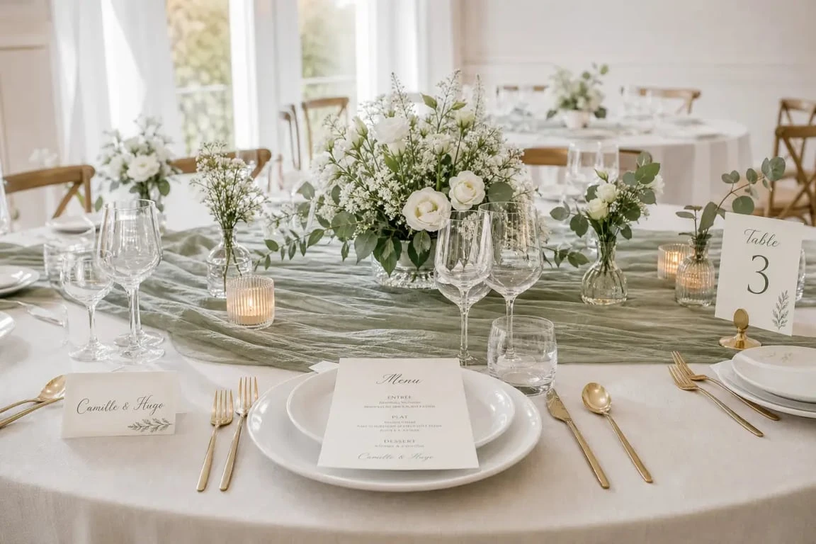 Décoration table mariage élégante avec chemin de table, fleurs et papeterie assortie