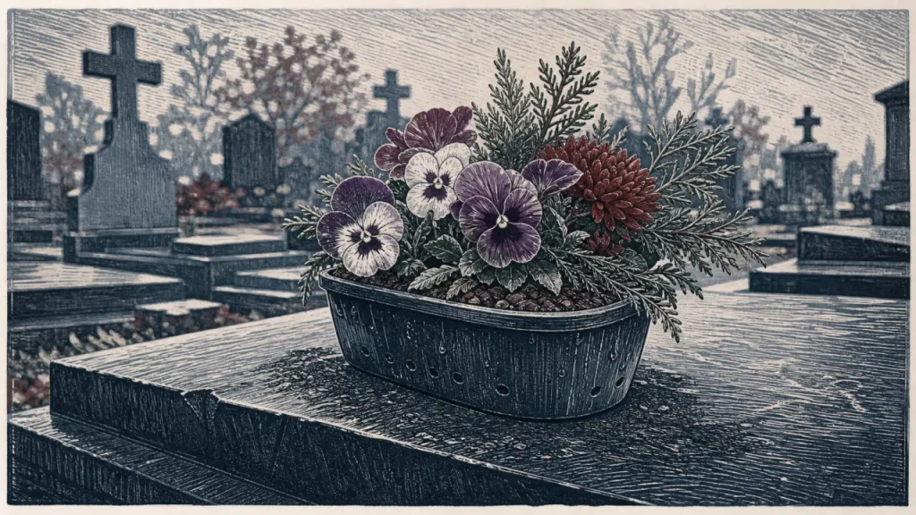 fleur tombe en jardinière funéraire durable, pensées et chrysanthème