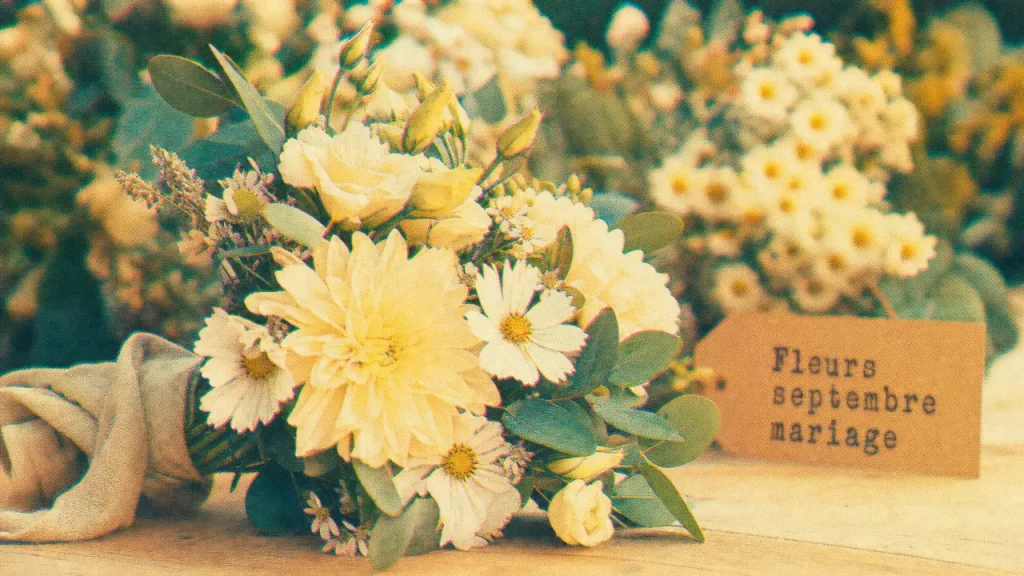 Fleurs septembre mariage : bouquet de dahlias, asters et lisianthus