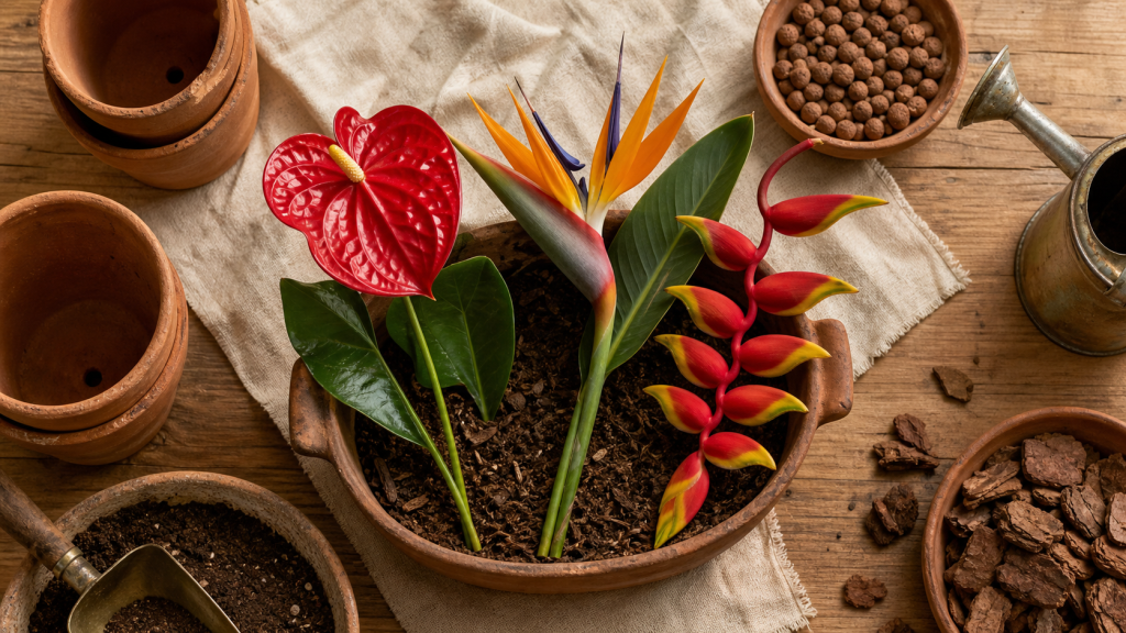 Fleurs tropicale en pot : anthurium, strelitzia, héliconia