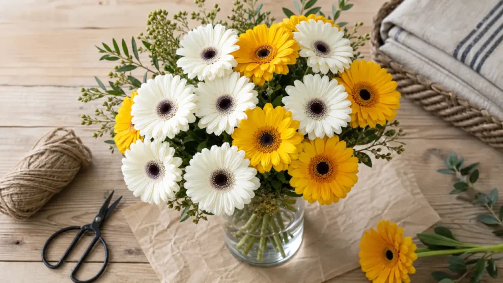 Germini fleurs (mini-gerbera) en bouquet, têtes jaunes et blanches dans un vase