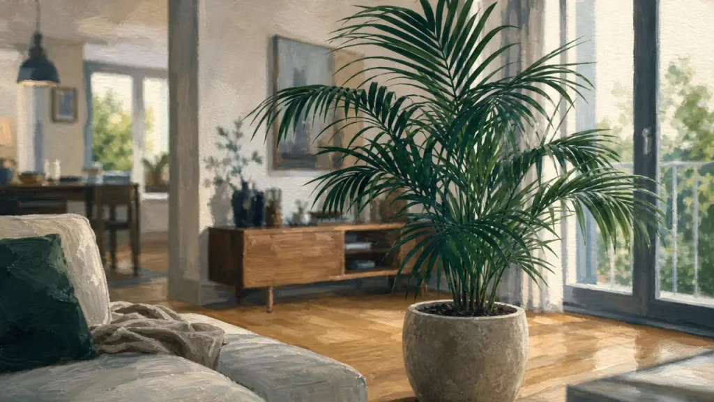 Grande plante intérieur Kentia près d’une baie vitrée, salon lumineux