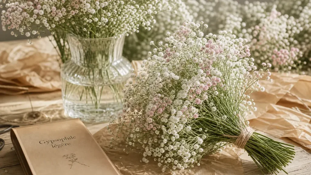 Gypsophile fleur en bouquet blanc, rose et séché dans un vase en verre
