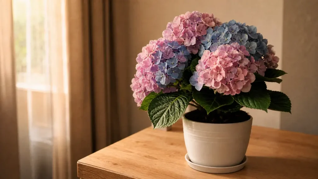 Hortensia d'intérieur en pot, lumière indirecte et arrosage régulier