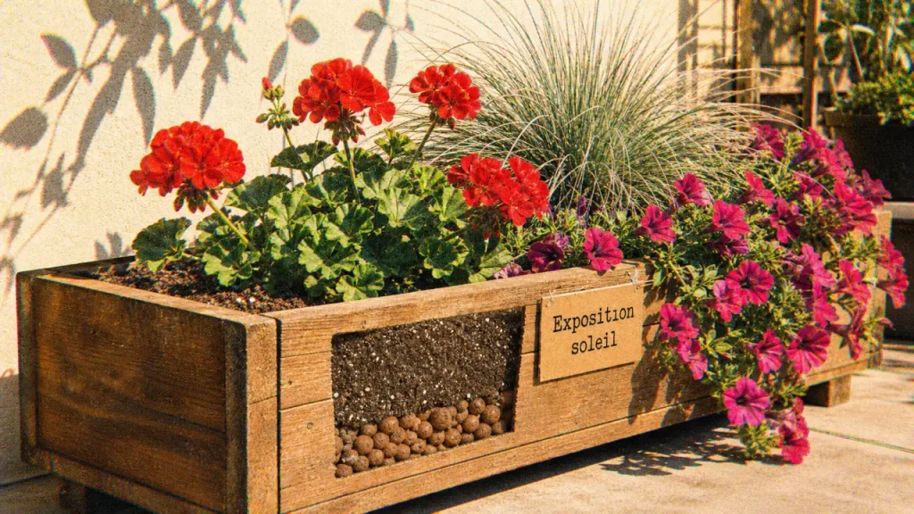Idée composition jardinière extérieure au soleil : géraniums et surfinias en jardinière
