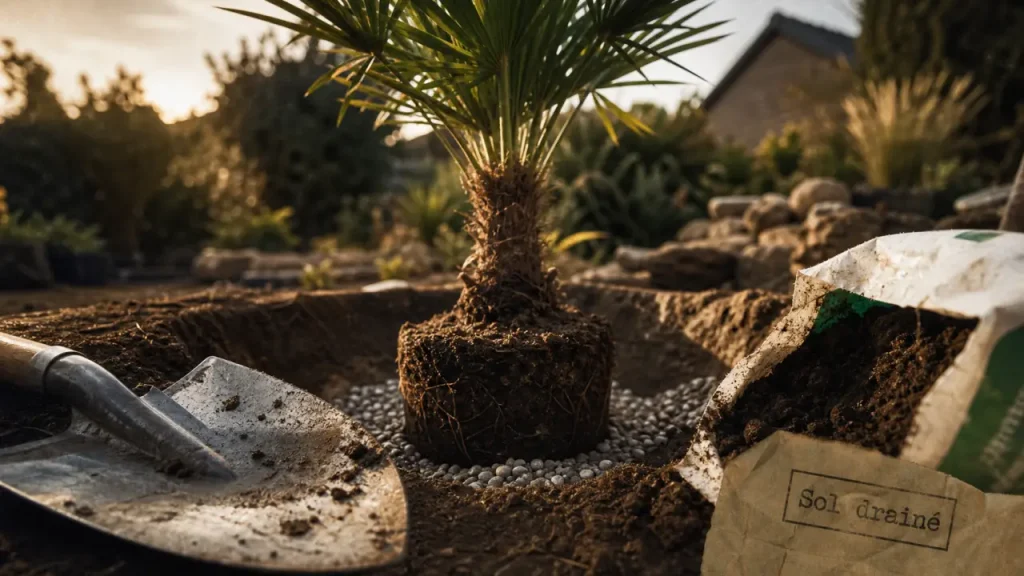 Jardin palmier : plantation d’un Trachycarpus, sol drainé visible