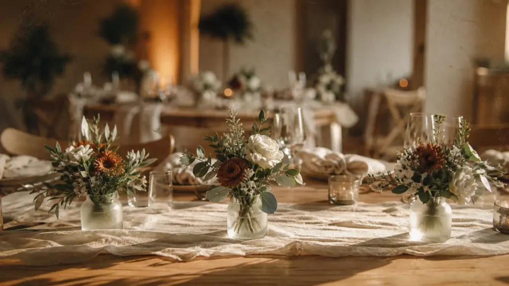 Mariage fleurs table : centres de table bas, conversations préservées