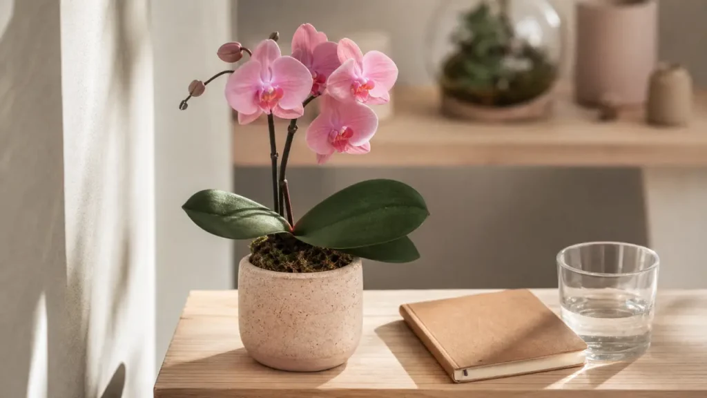 Mini orchidée en pot sur rebord en bois clair