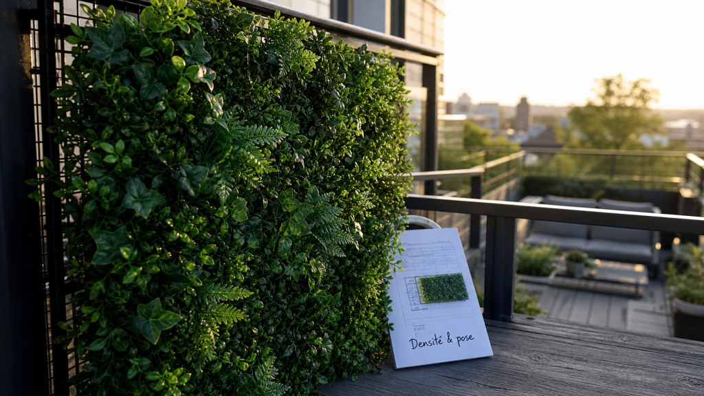 Mur vegetal artificiel dense sur balcon, panneaux clipsables et pose
