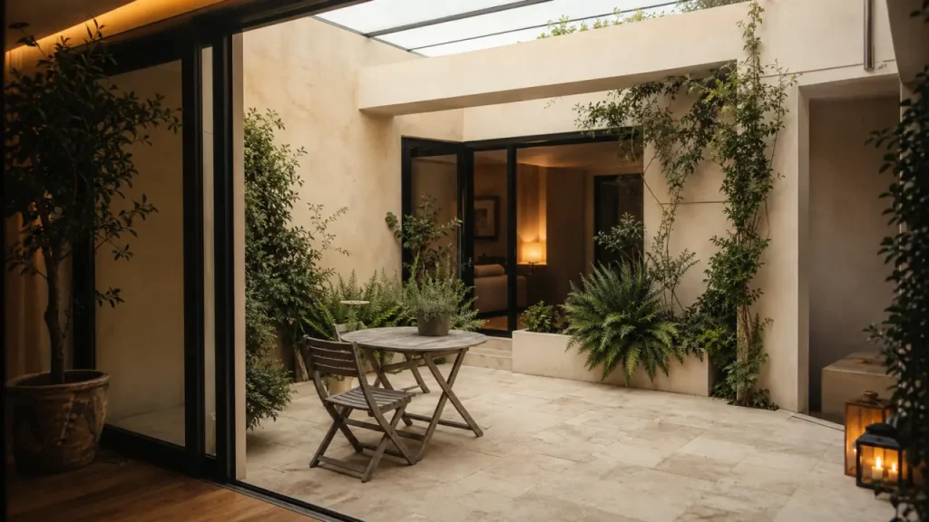 Patio dans maison : lumière naturelle, table et plantes