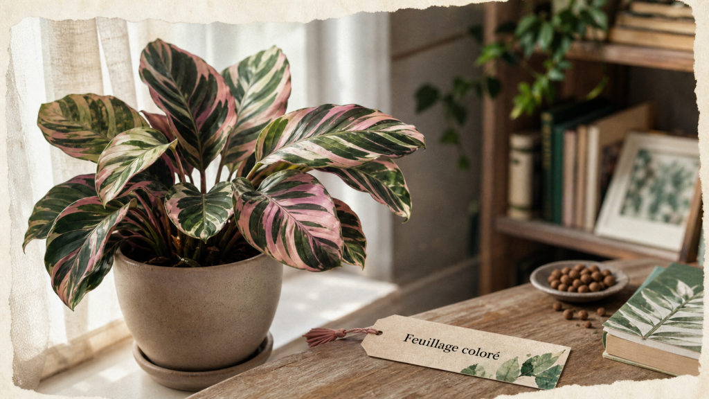 Plante d'intérieur colorée feuillage rose en salle de bain, lumière douce