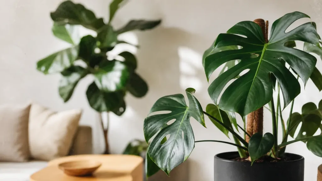 Plante grande feuille Monstera et Ficus lyrata en intérieur lumineux