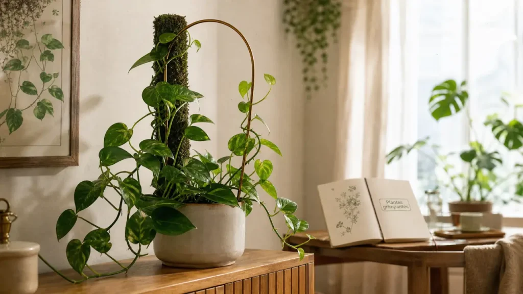 Plantes grimpantes intérieur : pothos sur tuteur mousse dans un salon lumineux