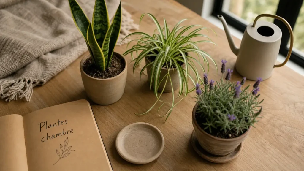 Quelle plante mettre dans une chambre : sansevieria, chlorophytum et lavande en petits pots