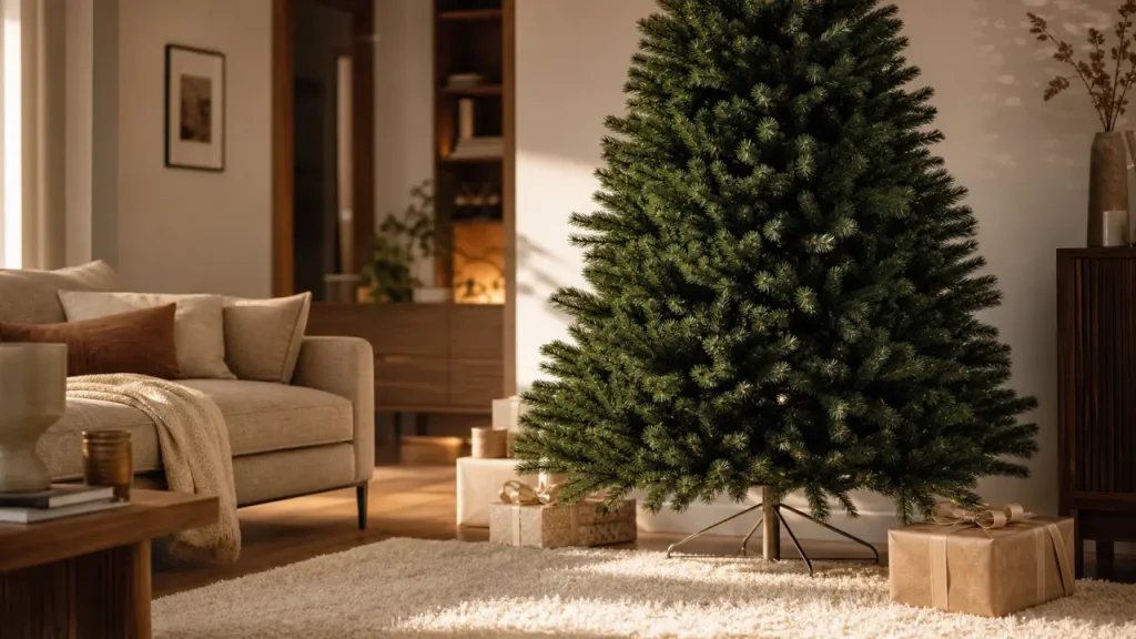 Sapin 180 cm près du plafond, 15 cm d’espace pour éviter l’effet massif