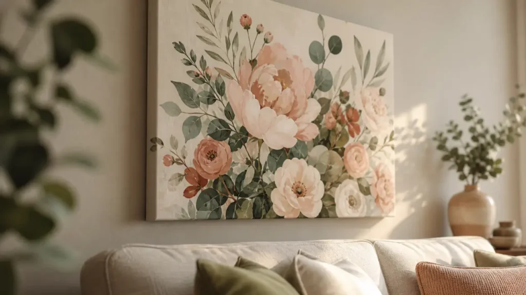 Tableau fleur sur toile au-dessus du canapé