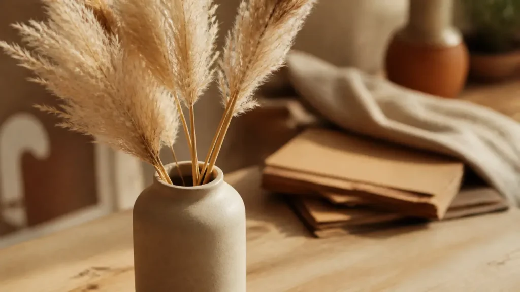 Tige de pampa séchée en vase beige, tiges plumeuses crème