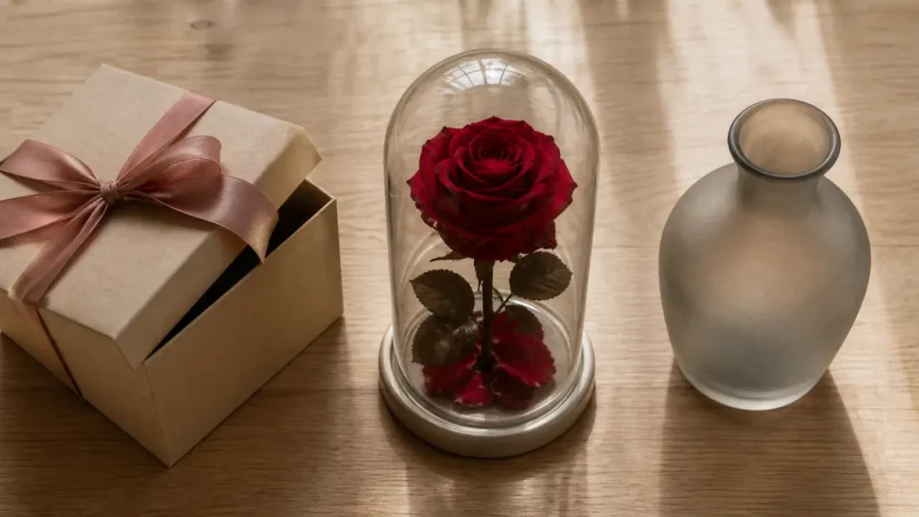 Une rose éternelle rouge stabilisée sous cloche en verre.