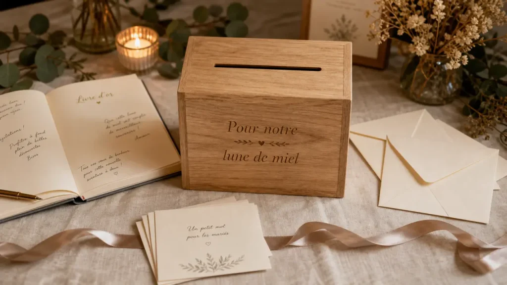 Urne en bois pour mariage gravée, décoration de table avec livre d’or