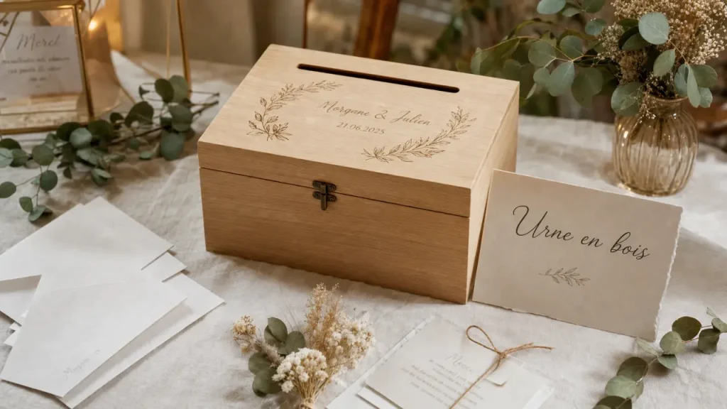 Urne en bois pour mariage, gravée et personnalisée, pour dépôt des enveloppes